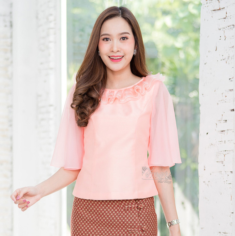 เสื้อผ้าไหมแพรทอง แขนชีฟอง สีโอรส ไซส์ S
