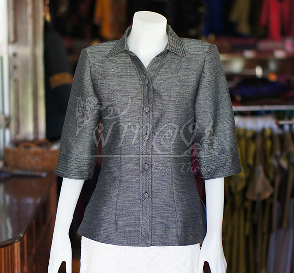 เสื้อผ้าฝ้ายสายฝน ปกเชิ้ตคอวี สีดำ ไซส์ L