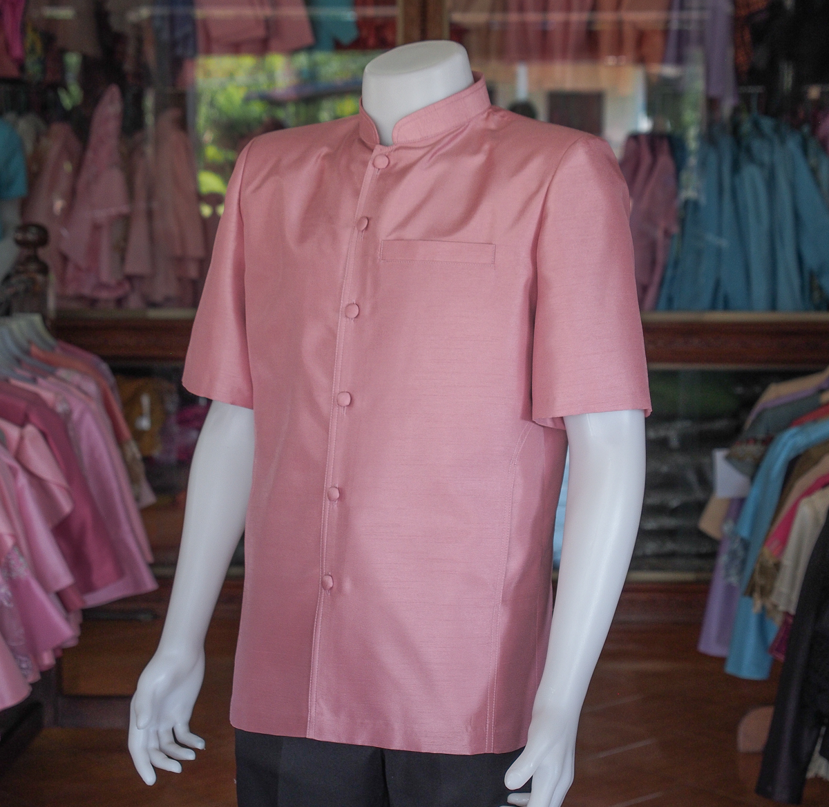 เสื้อผ้าไหมแพรทอง คอพระราชทาน สีชมพูกะปิ ไซส์ M