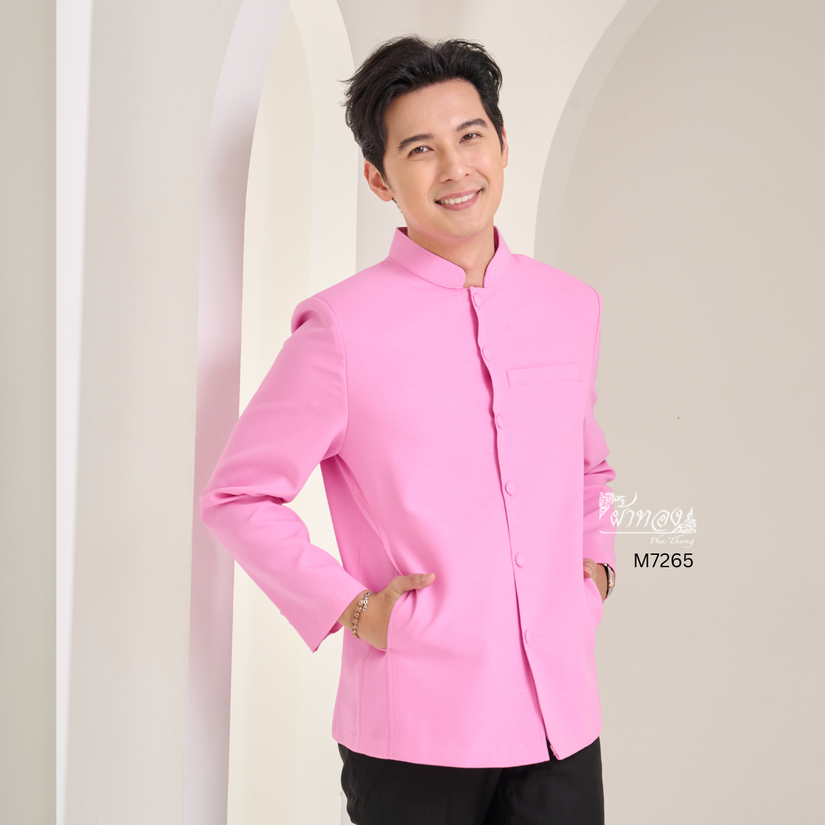 เสื้อผ้าฝ้ายแพรเงิน คอพระราชทานแขนยาว สีชมพูกลีบบัว ไซส์ 3XL