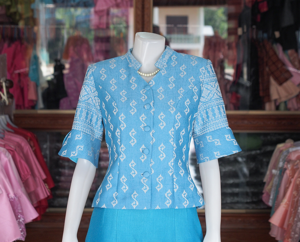เสื้อผ้าฝ้ายทอลายขอ สีฟ้า ไซส์ S