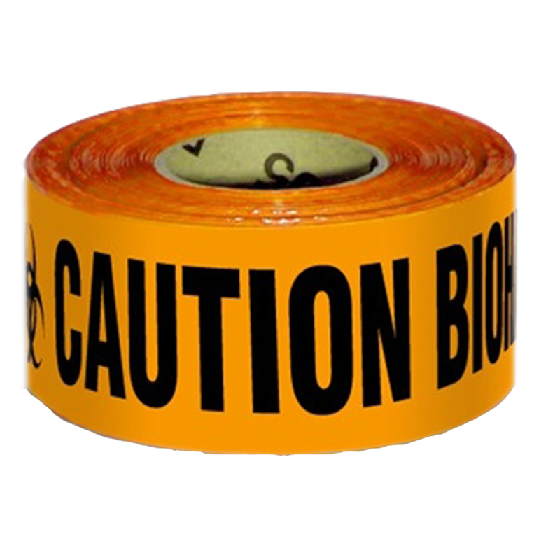 เทปกั้นเขต สีส้ม พิมพ์ Caution Biohazard กว้าง 7 ซม. ยาว 300 เมตร ไม่มีกาว