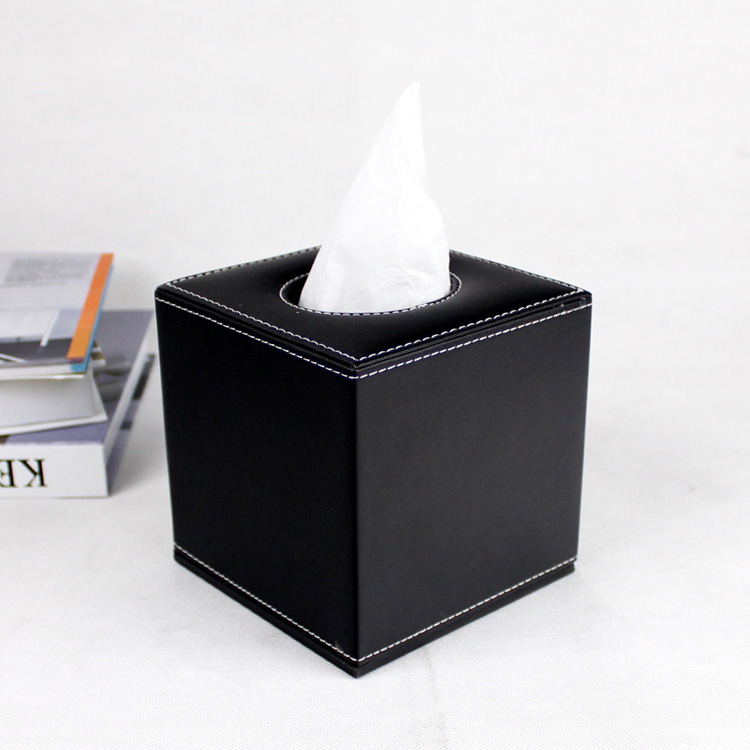 กล่องทิชชู่ หนัง pu สีดำ ใส่กระดาษทิชชู่ ขนาด 13cm x 13cm x 14cm