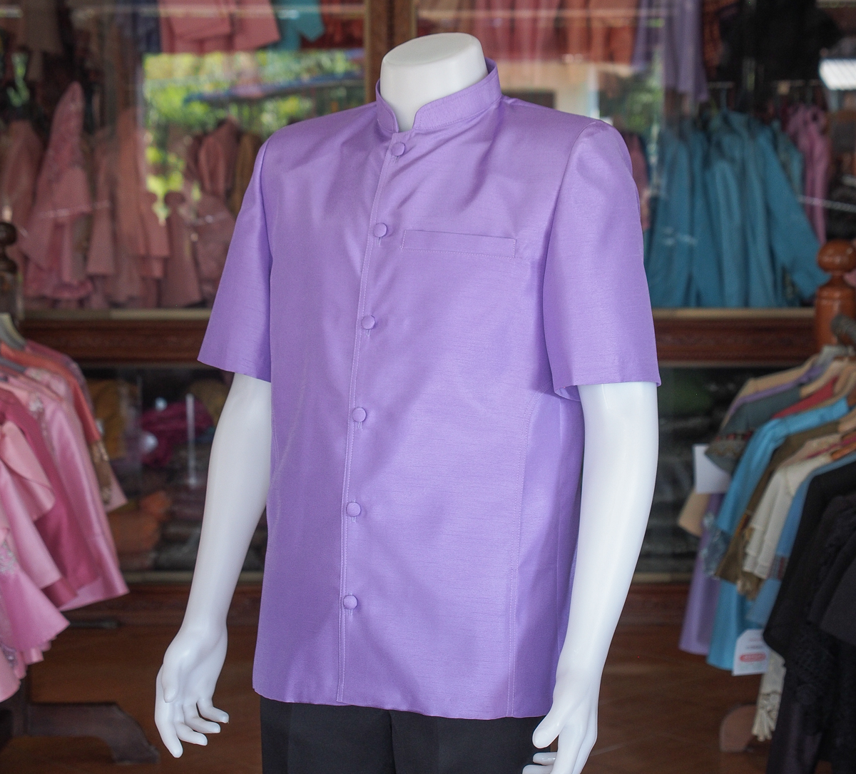 เสื้อผ้าไหมแพรทอง คอพระราชทาน สีม่วง ไซส์ L