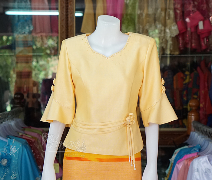 เสื้อผ้าฝ้ายสุโขทัยปักมุก สีเหลืองครีม ไซส์ S