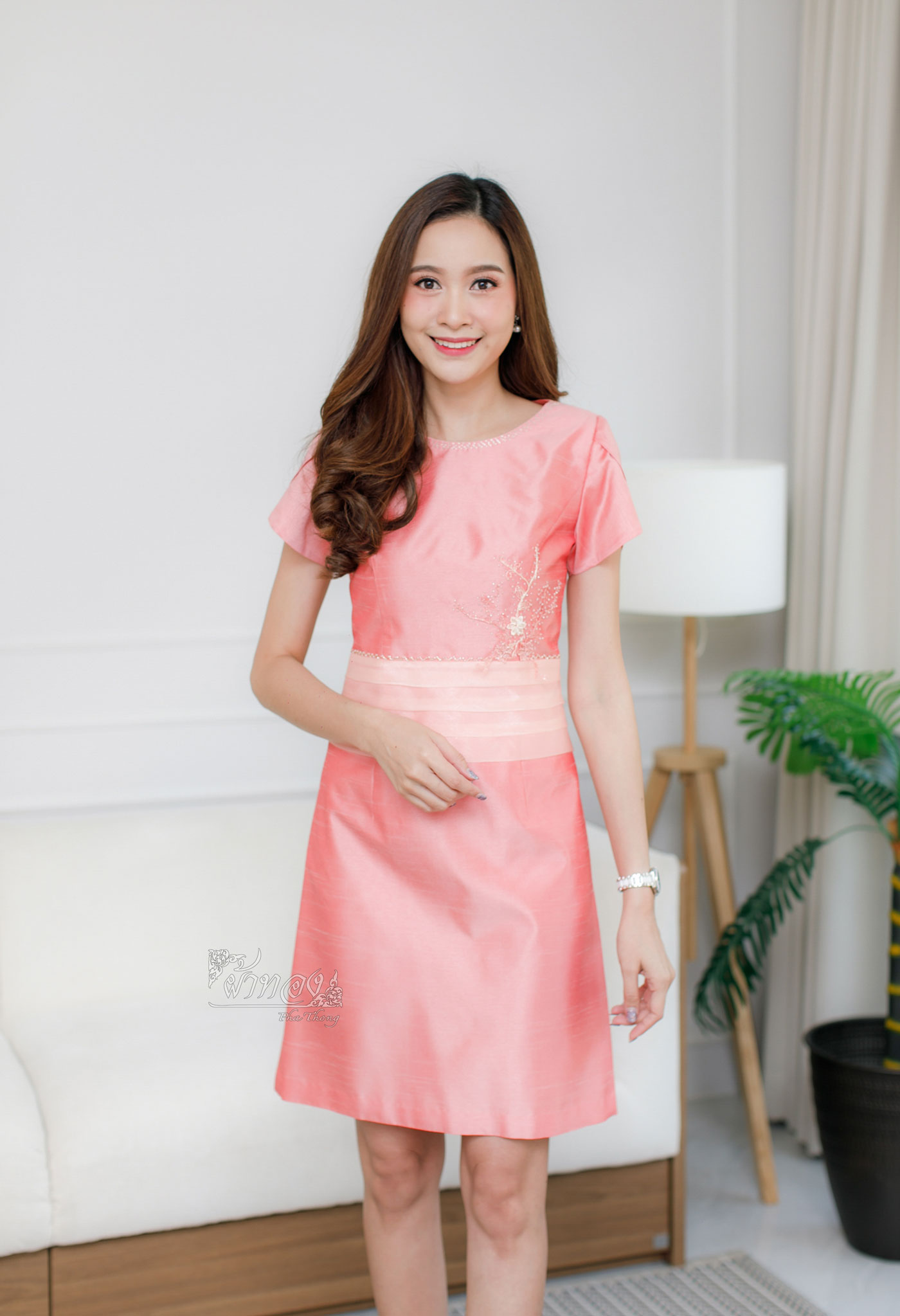 เดรสไหมแพรทอง สีโอลโรส ไซส์ 3XL