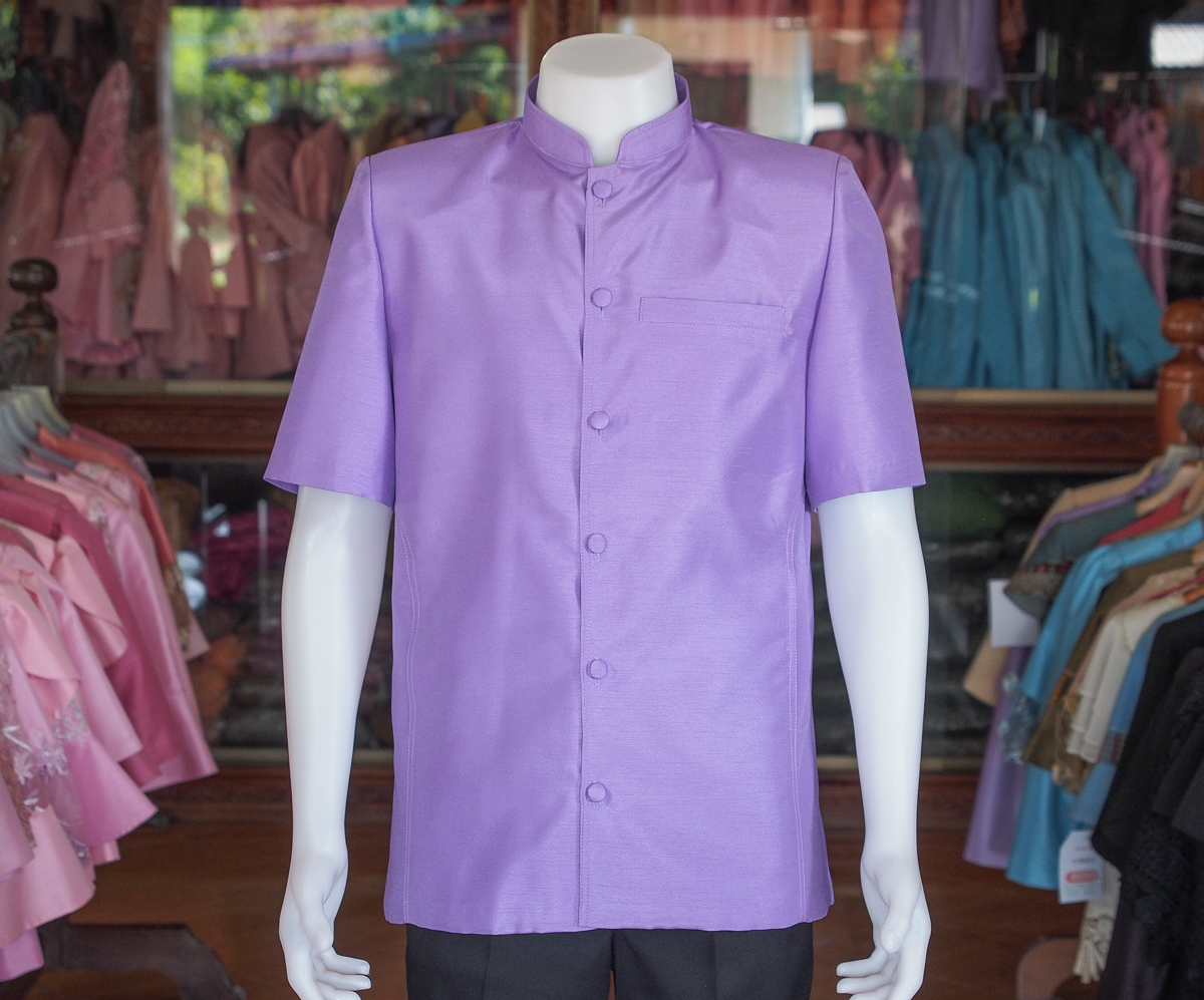 เสื้อผ้าไหมแพรทอง คอพระราชทาน สีม่วง ไซส์ L