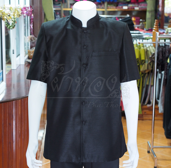 เสื้อผ้าไหมแพรทองคอพระราชทานแขนสั้น สีดำ ไซส์ L