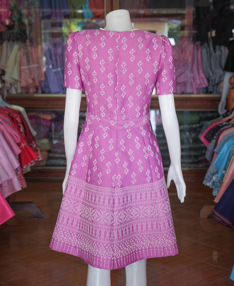 เดรสผ้าฝ้ายลายขอ สีชมพู ไซส์ S