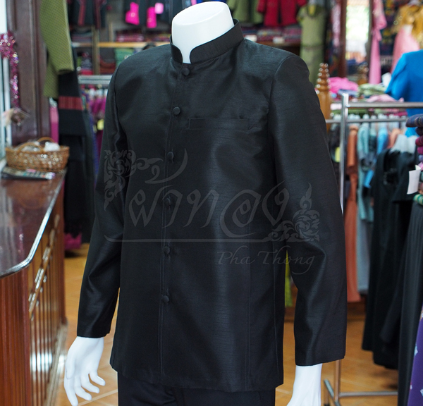 เสื้อผ้าไหมแพรทองคอพระราชทานแขนยาว สีดำ ไซส์ S