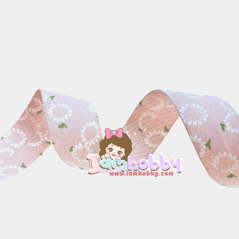 ริบบิ้นผ้า เทปผ้าสไตล์ญี่ปุ่น ขนาด 25 มิล สีชมพู ลายดอกไม้ (1 หลา)