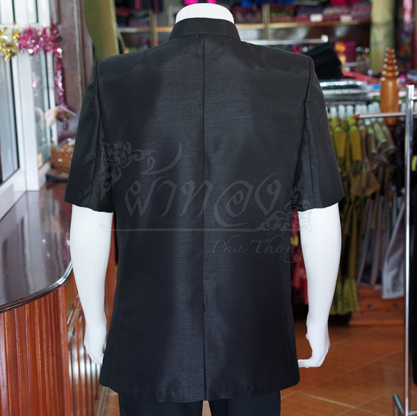 เสื้อผ้าไหมแพรทองคอพระราชทานแขนสั้น สีดำ ไซส์ L