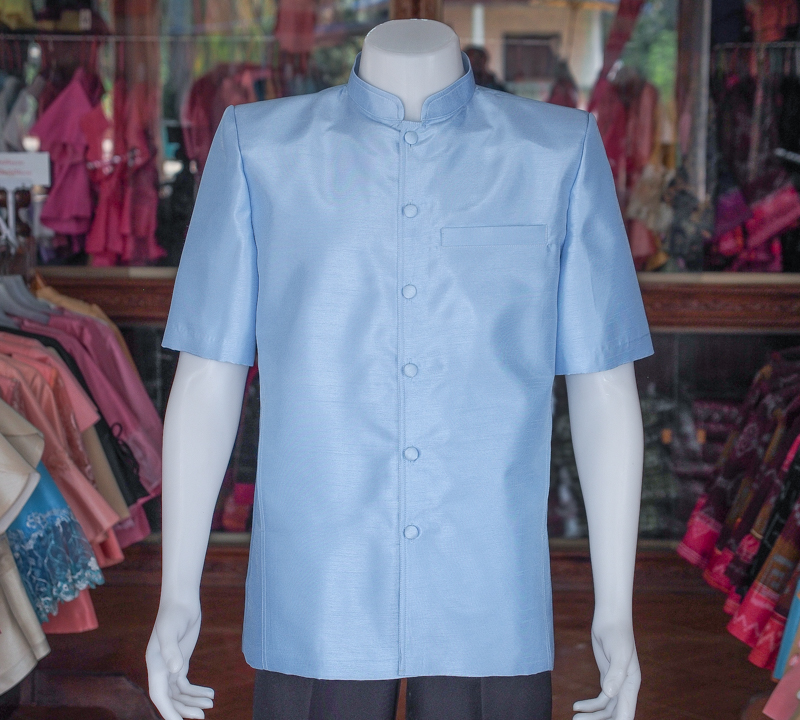 เสื้อผ้าไหมแพรทอง คอพระราชทาน สีฟ้าอ่อน ไซส์ 3XL