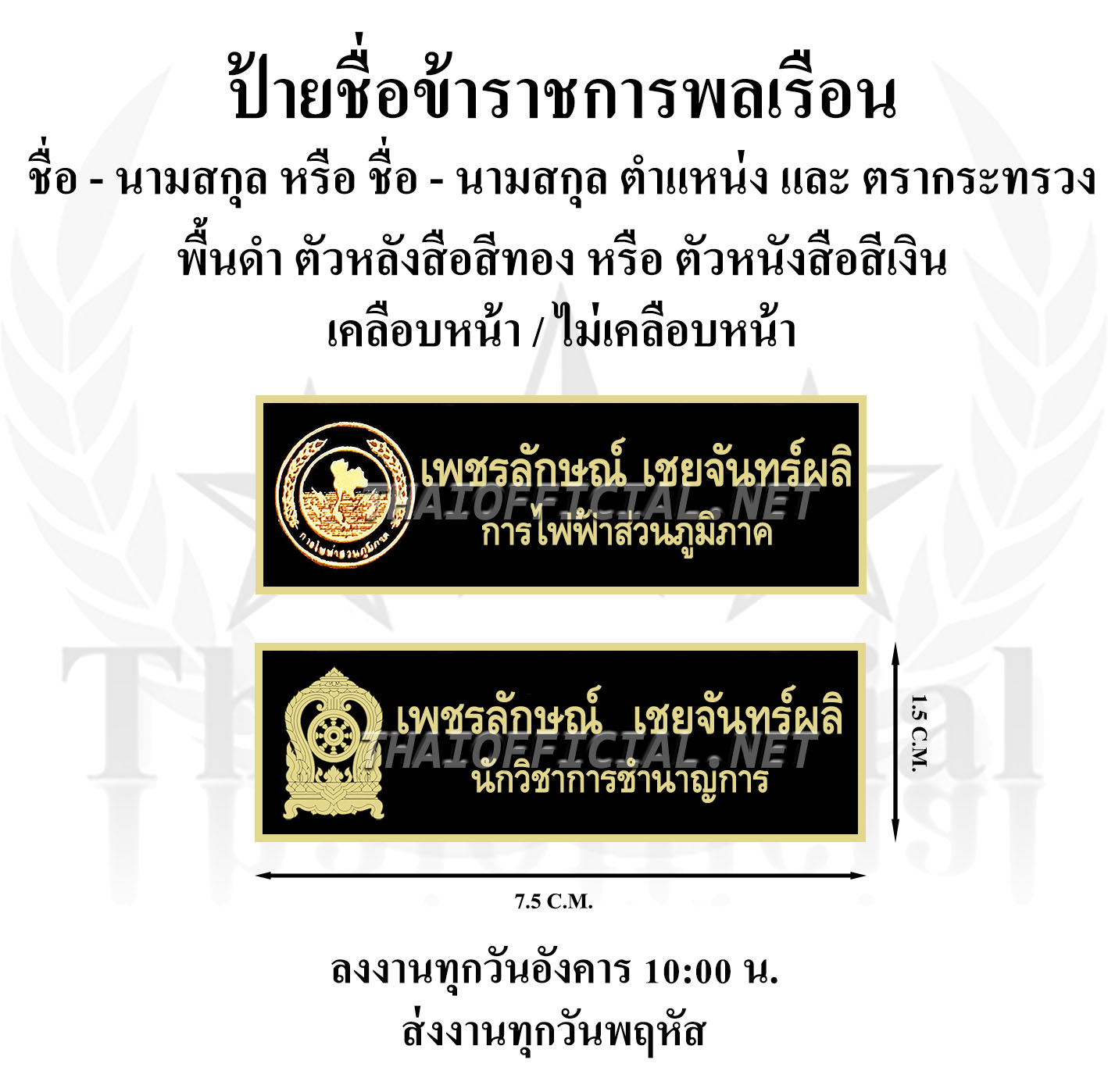ป้ายชื่อข้าราชการพลเรือน ขนาด 2 cm. x 7.5 cm. ชื่อ + ตำแหน่ง + ตรากระทรวง
