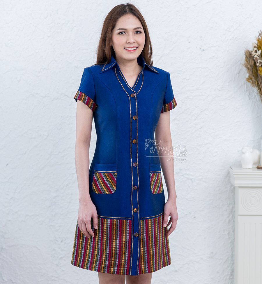 เดรสผ้าฝ้ายสุโขทัยแต่งลายมุกสายรุ้ง สีน้ำเงิน ไซส์ S
