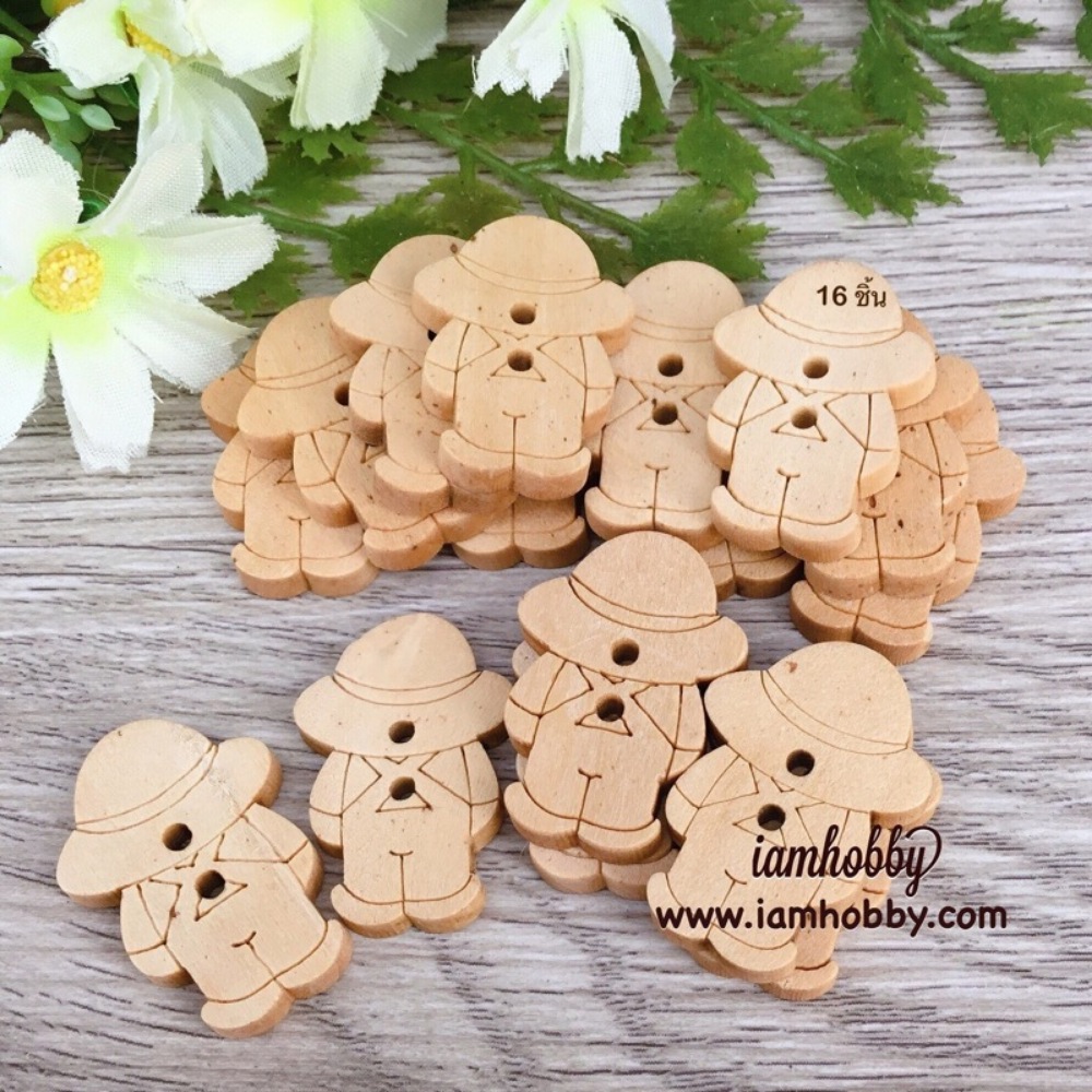 กระดุมไม้น่ารักๆ สีไม้ธรรมชาติ ขนาด 15x25 มิล (แพ็คละ 16 ชิ้น)