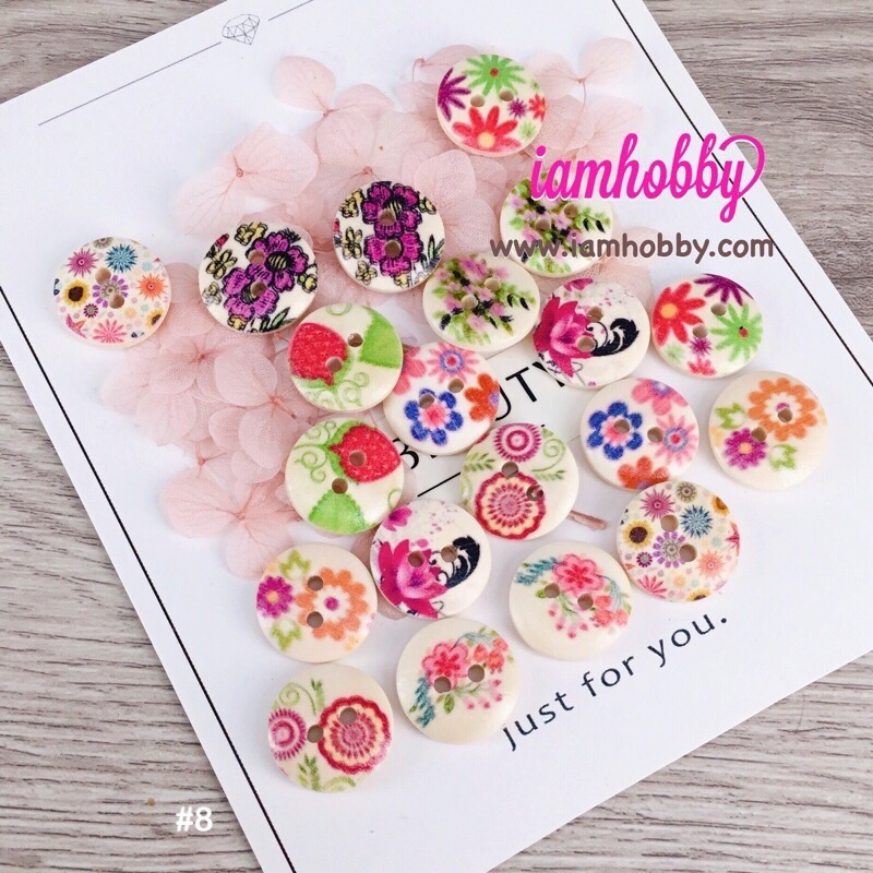 กระดุมไม้สวยๆ ขนาด 15 มิล คละลาย ชุดA (แพ็ค 10 คู่) เลือกset