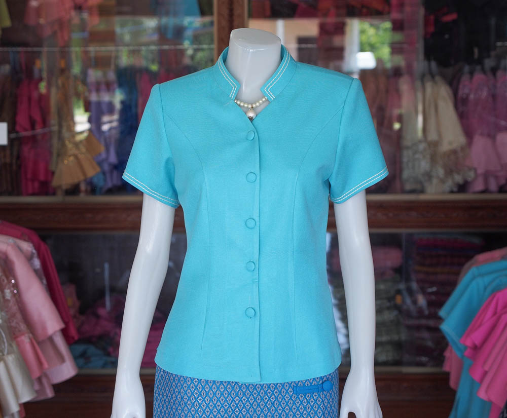 เสื้อผ้าฝ้ายสุโขทัยแต่งเดินไหม สีฟ้า ไซส์ 2XL