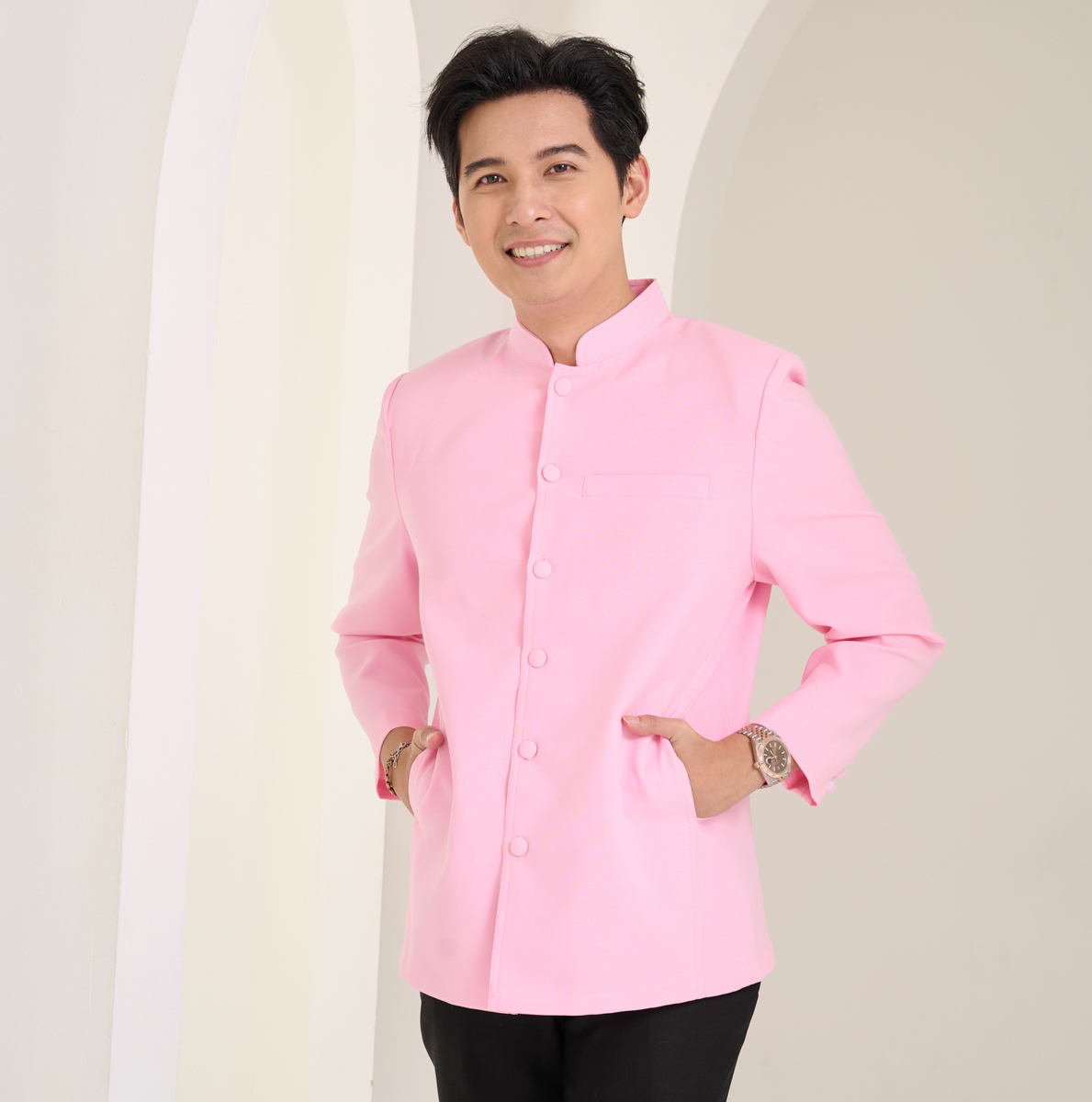 เสื้อผ้าฝ้ายแพรเงินคอพระราชทานแขนยาว สีชมพู ไซส์ 4XL