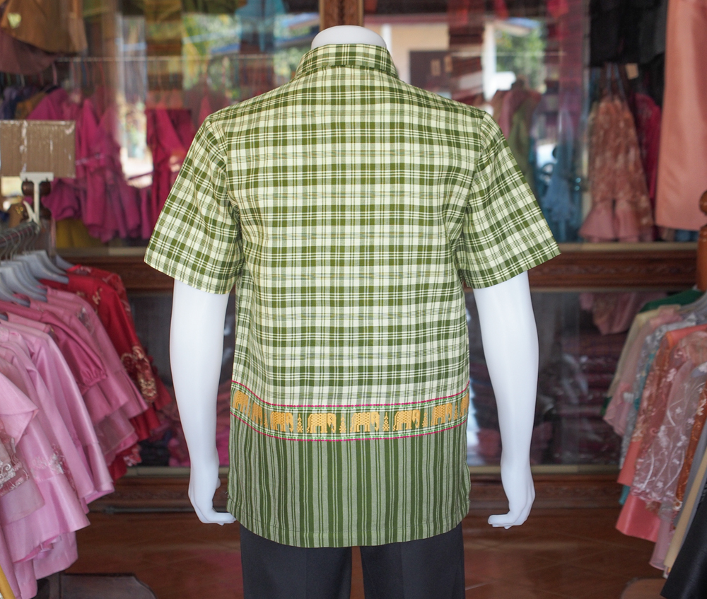 เสื้อเชิ้ตผ้าฝ้ายทอลายช้าง ไม่อัดผ้ากาว สีเขียว ไซส์ 2XL