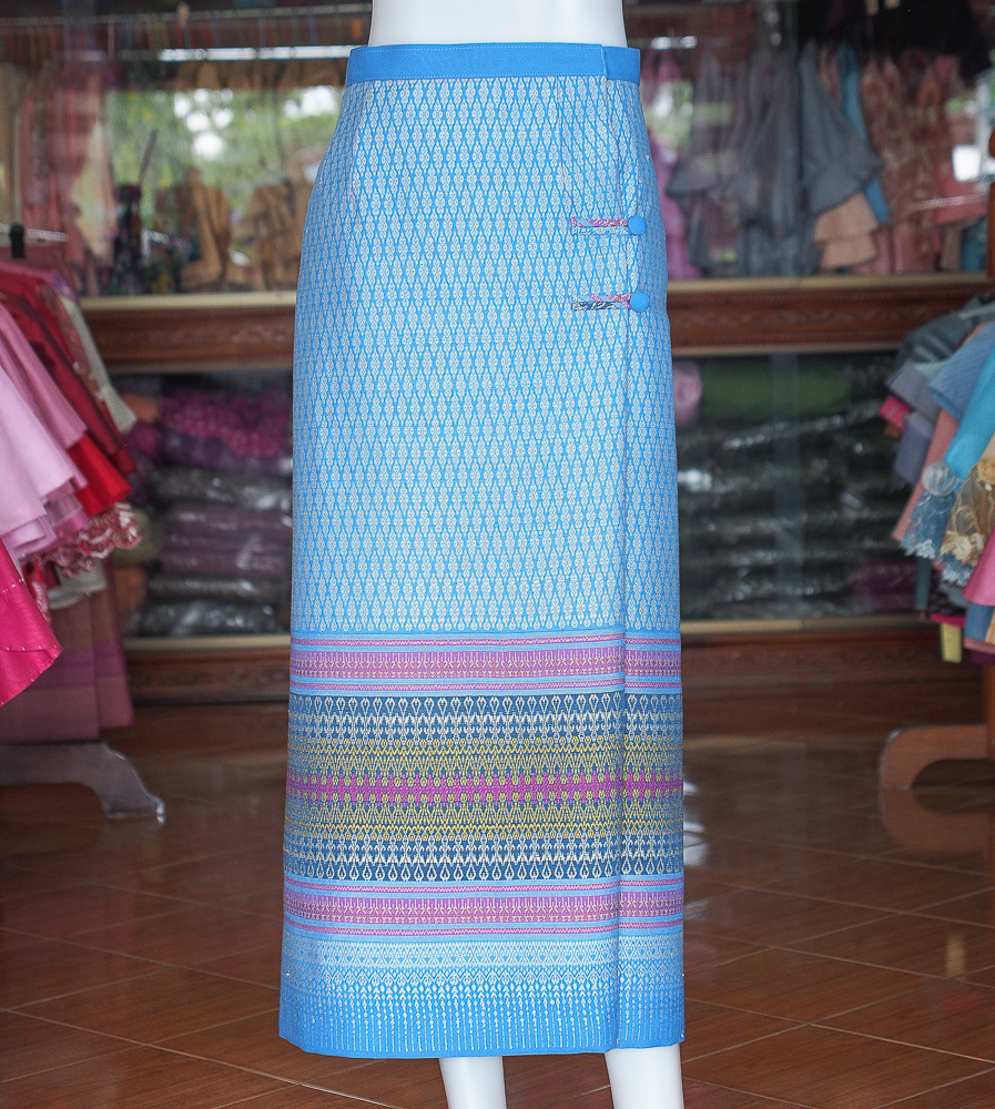 ผ้าถุงป้าย ผ้าทอลายพิกุล สีฟ้า เอว 36 นิ้ว