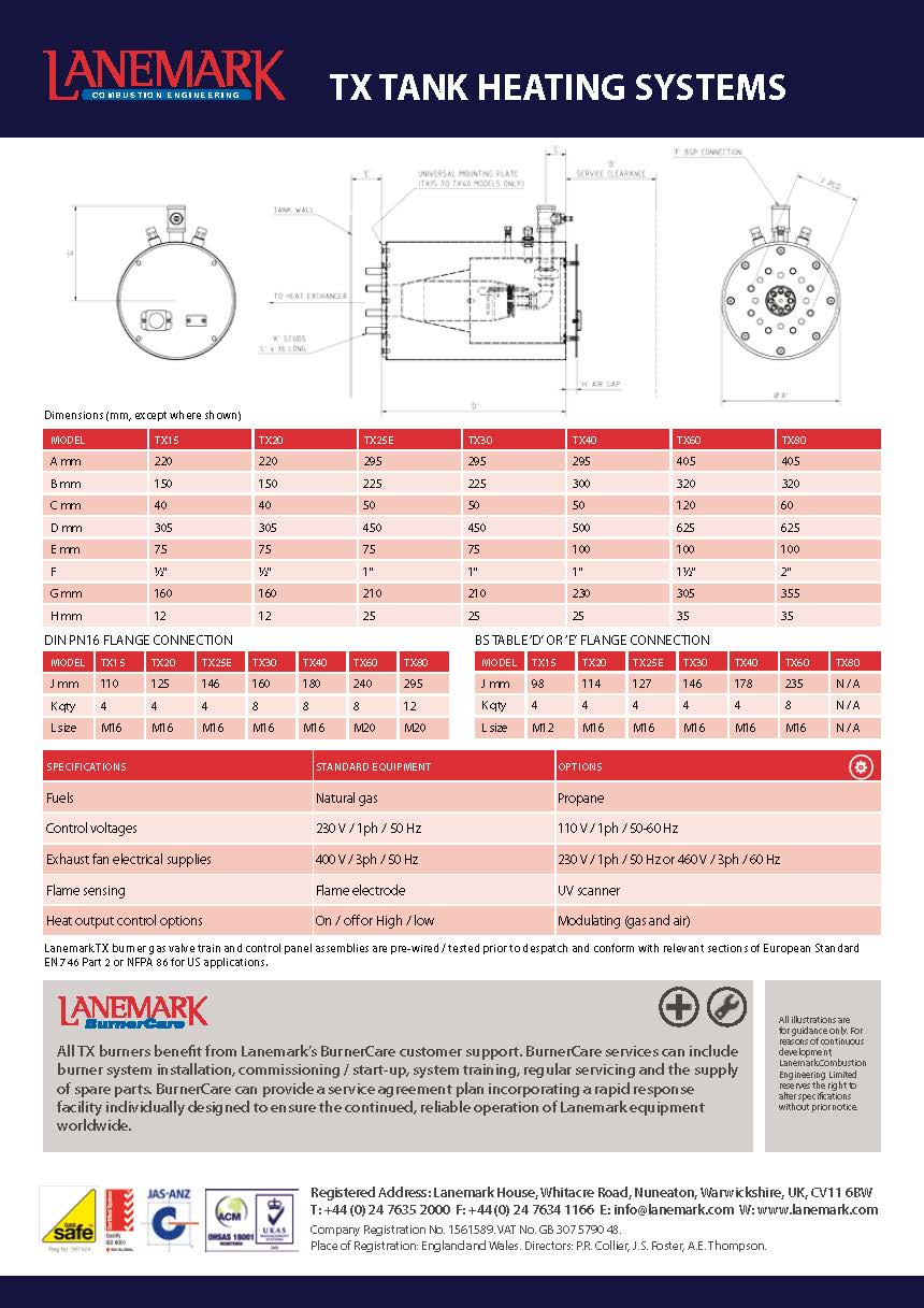 LANEMARK TX - Tank Heating Gas Burners l เครื่องพ่นไฟอุตสาหกรรม เบิร์นเนอร์ต้มน้ำ กำลังสูงสุด 1,150 kW