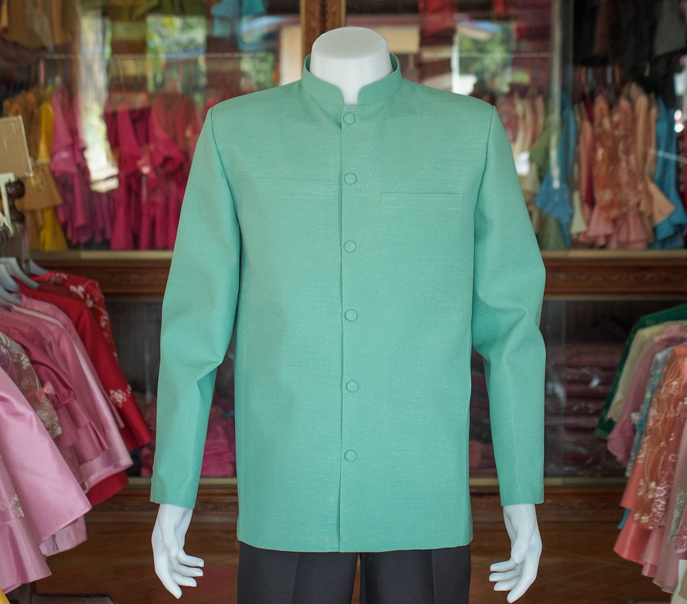 เสื้อผ้าฝ้ายแพรเงิน คอพระราชทานแขนยาว สีเขียว ไซส์ 3XL