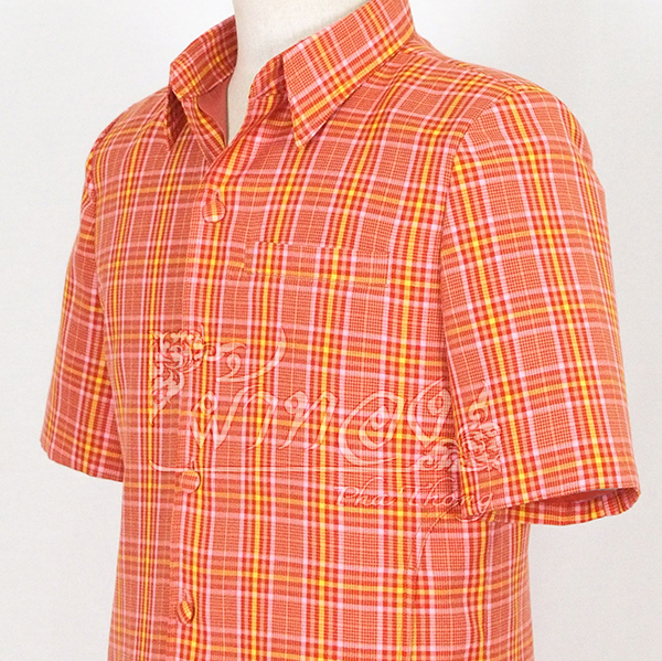 เสื้อผ้าฝ้ายลายสก็อต สีส้มอิฐ ไซส์ 2XL