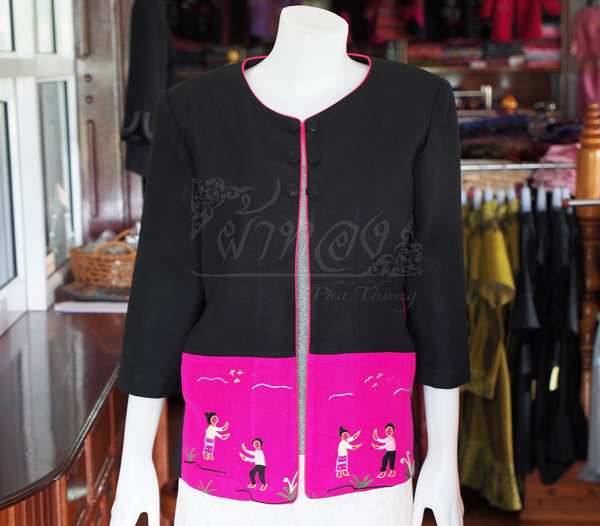 เสื้อคลุมผ้าฝ้ายสุโขทัยสีดำแต่งผ้าปักมือ ไซส์ XL