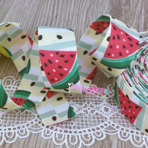ริบบิ้นผ้า เทปผ้าสไตล์ญี่ปุ่น ขนาด 25 มิล สีขาวเหลืองลายแตงโม (1 หลา)