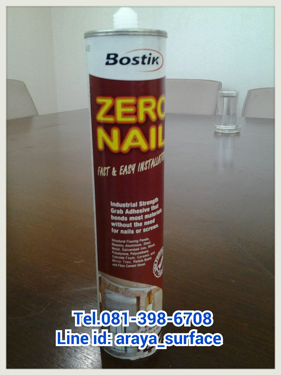 Bostik ZERO NAIL เป็นกาวชนิดที่ผลิตขึ้นมาจากยางสังเคราะห์ โดยการใช้งานต้องยิงจากอุปกรณ์ชนิดปืนยิงกาว ซึ่งคุณสมบัติที่เห็นได้ชัดเจนคือจะให้แรงยึดเกาะที่สูง,ยืดหยุ่นได้ดี