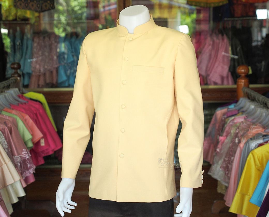 เสื้อผ้าฝ้ายแพรเงิน คอพระราชทานแขนยาว สีเหลืองครีม ไซส์ 2XL