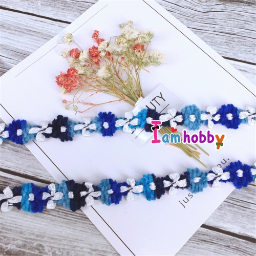 ลูกไม้ลายดอกไม้โทนสีฟ้า-น้ำเงิน ขนาด 10 มิล (1 หลา)
