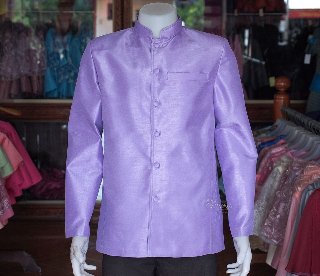 เสื้อผ้าไหมแพรทองคอพระราชทานแขนยาว สีม่วง ไซส์ L