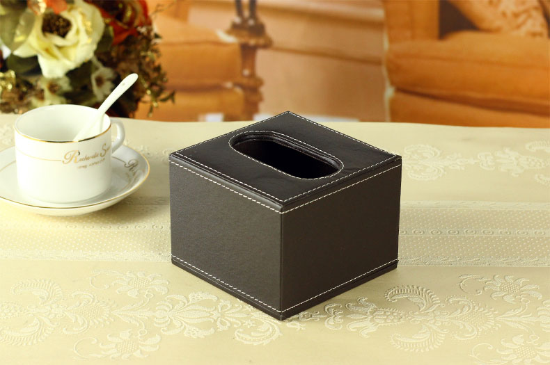 กล่องทิชชู่ร้านอาหาร หนัง pu สีน้ำตาลเข้ม ใส่กระดาษทิชชู่ pop up ขนาด 11.5cm x 11.5cm x 9cm