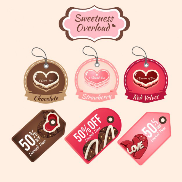 ป้ายสินค้า Hang Tag ป้ายกระดาษ สไตล์การออกแบบดีไซน์แบบใช้สีหวานๆดูสวยงามหรูหรา ป้ายสินค้าไว้สำหรับประชาสัมพันธ์แก่ลูกค้าเกี่ยวกับช่วงวันพิเศษ,ป้ายห้อยแพคเกจขนมช็อคโกแลต // ตัวอย่างดีไซน์ ป้ายสินค้า Hang Tag ป้ายกระดาษ