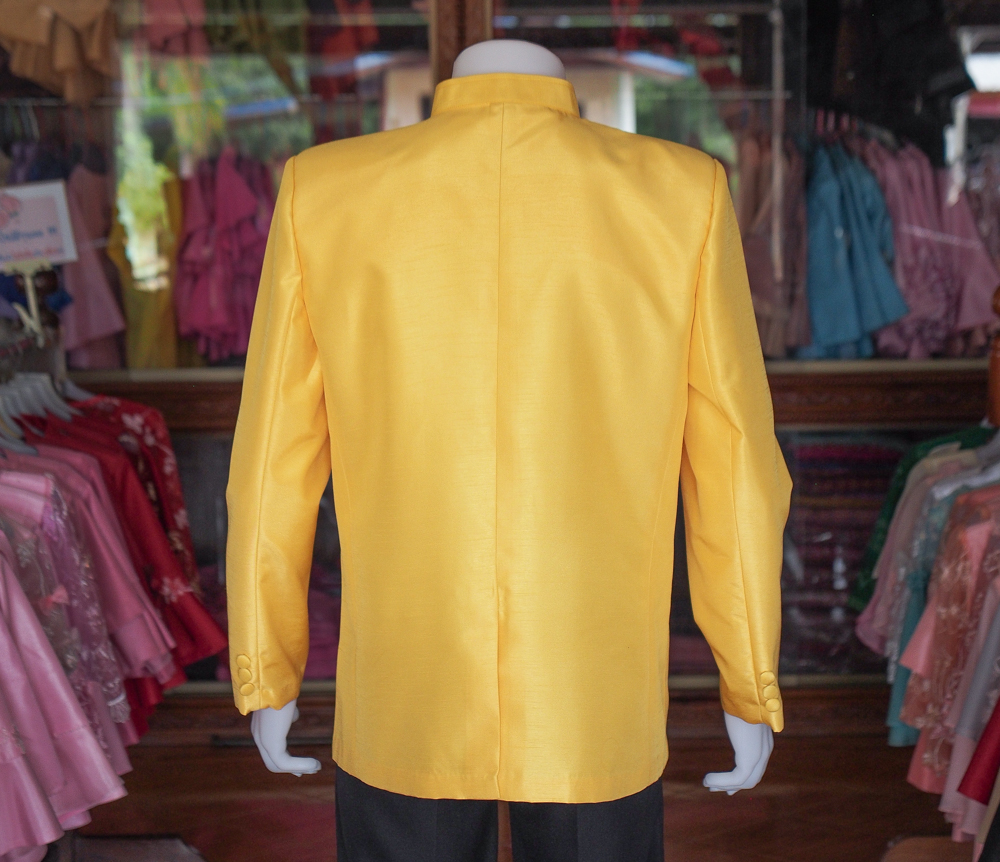 เสื้อผ้าไหมแพรทองคอพระราชทานแขนยาว สีเหลือง ไซส์ 3XL