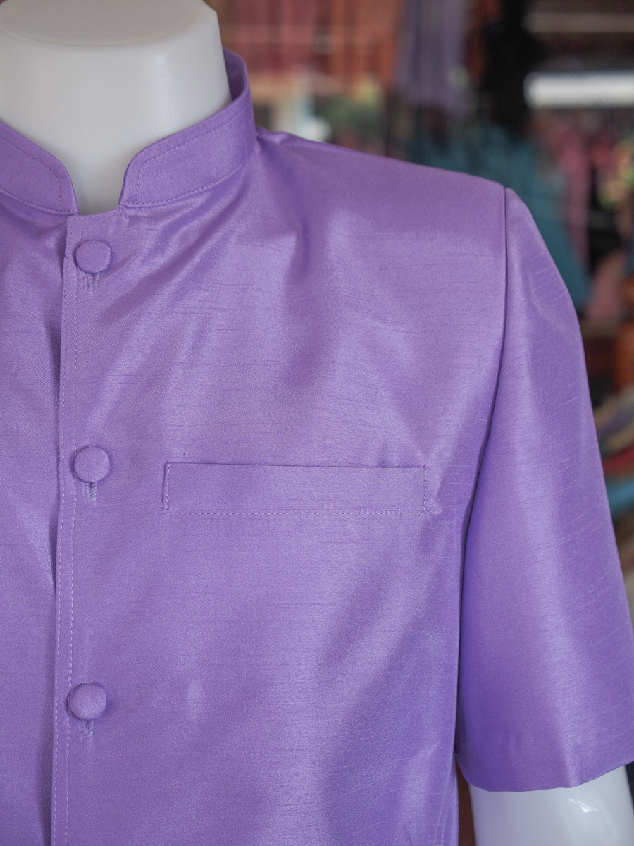 เสื้อผ้าไหมแพรทอง คอพระราชทาน สีม่วง ไซส์ L