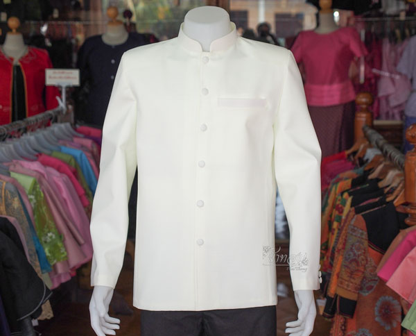 เสื้อผ้าฝ้ายแพรเงินคอพระราชทานแขนยาว สีขาวงาช้าง ไซส์ 3XL