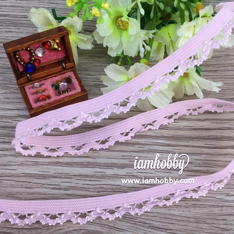 ลูกไม้ยืดสีชมพูขอบสวยๆ ขนาด 9 มิล ( 1 หลา )