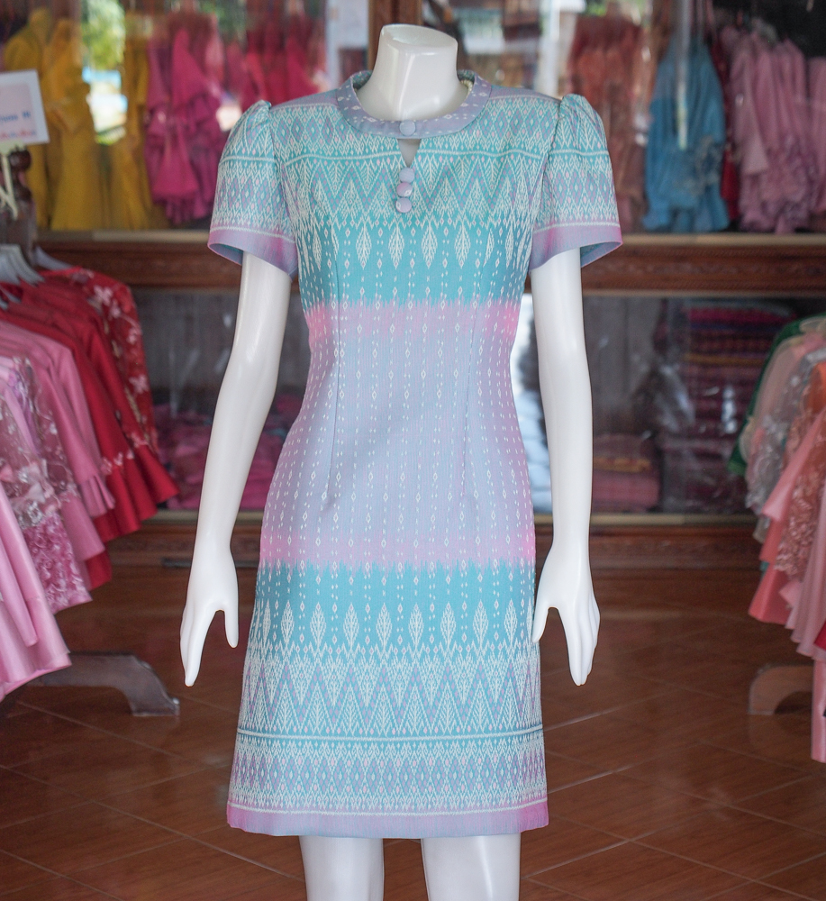 เดรสผ้าฝ้ายลายมัดหมี่ สีเขียว ไซส์ XL