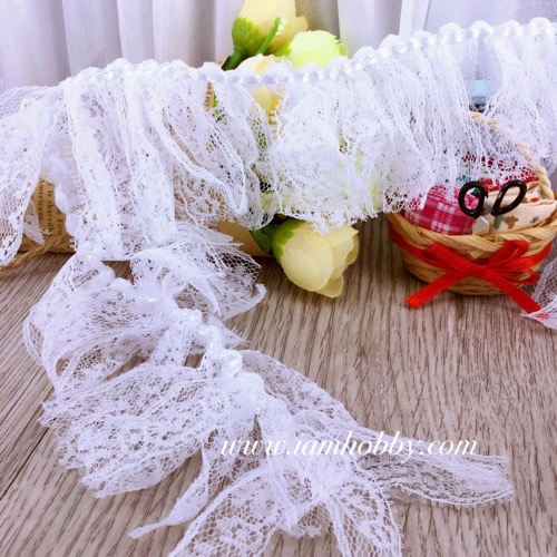 ลูกไม้ผ้าตาข่ายสีขาว ขนาด 4.5 cm. ลูกไม้ตกแต่งสวยๆ (140 cm.)