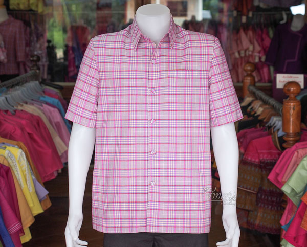 เสื้อผ้าฝ้ายทอลายสก็อต สีชมพูอมม่วงไซส์ S