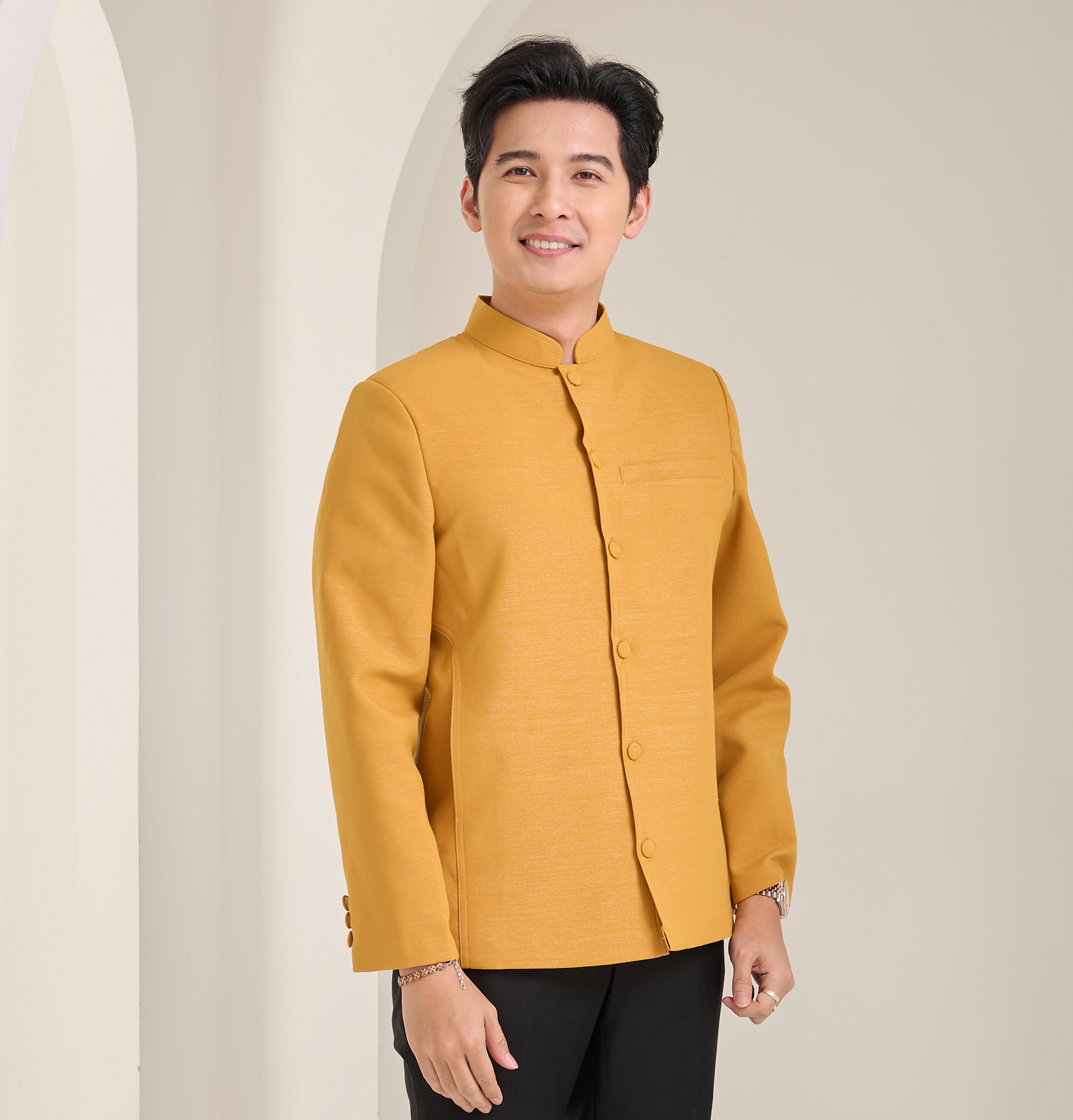 เสื้อผ้าฝ้ายแพรเงิน คอพระราชทานแขนยาว สีเหลืองทอง ไซส์ 3XL