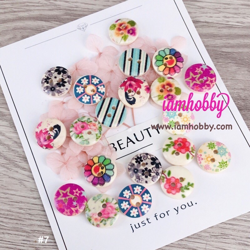 กระดุมไม้สวยๆ ขนาด 15 มิล คละลาย ชุดA (แพ็ค 10 คู่) เลือกset