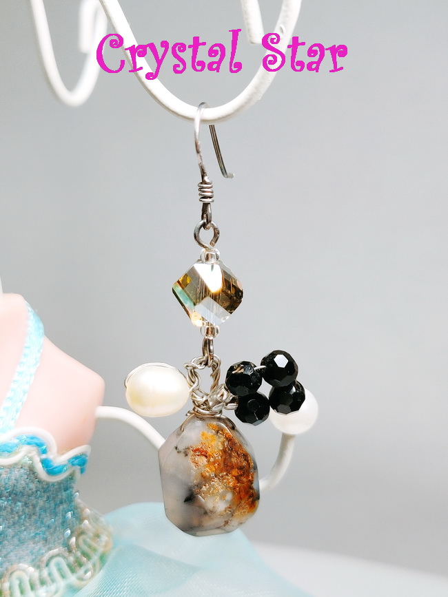 ต่างหูเงิน มอสอาเกตและมุก