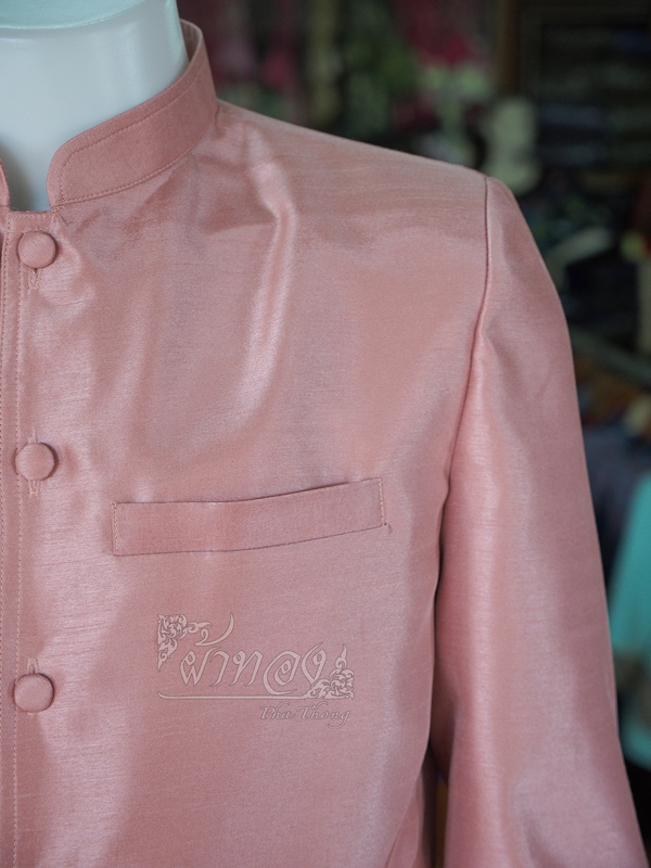 เสื้อผ้าไหมแพรทองคอพระราชทานแขนยาว สีกะปิ ไซส์ 4XL
