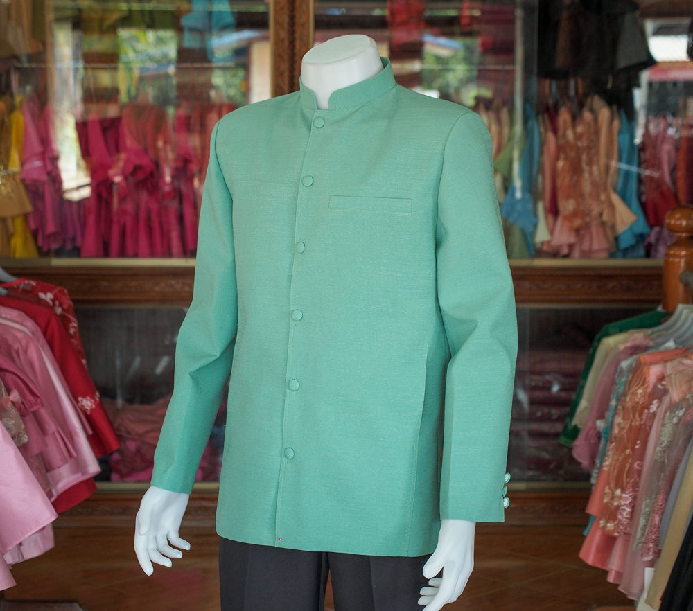 เสื้อผ้าฝ้ายแพรเงิน คอพระราชทานแขนยาว สีเขียว ไซส์ 4XL