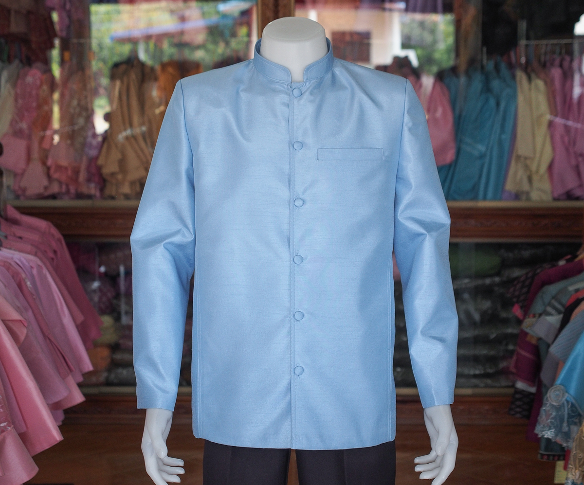 เสื้อผ้าไหมแพรทองคอพระราชทานแขนยาว สีฟ้าอ่อน ไซส์ L