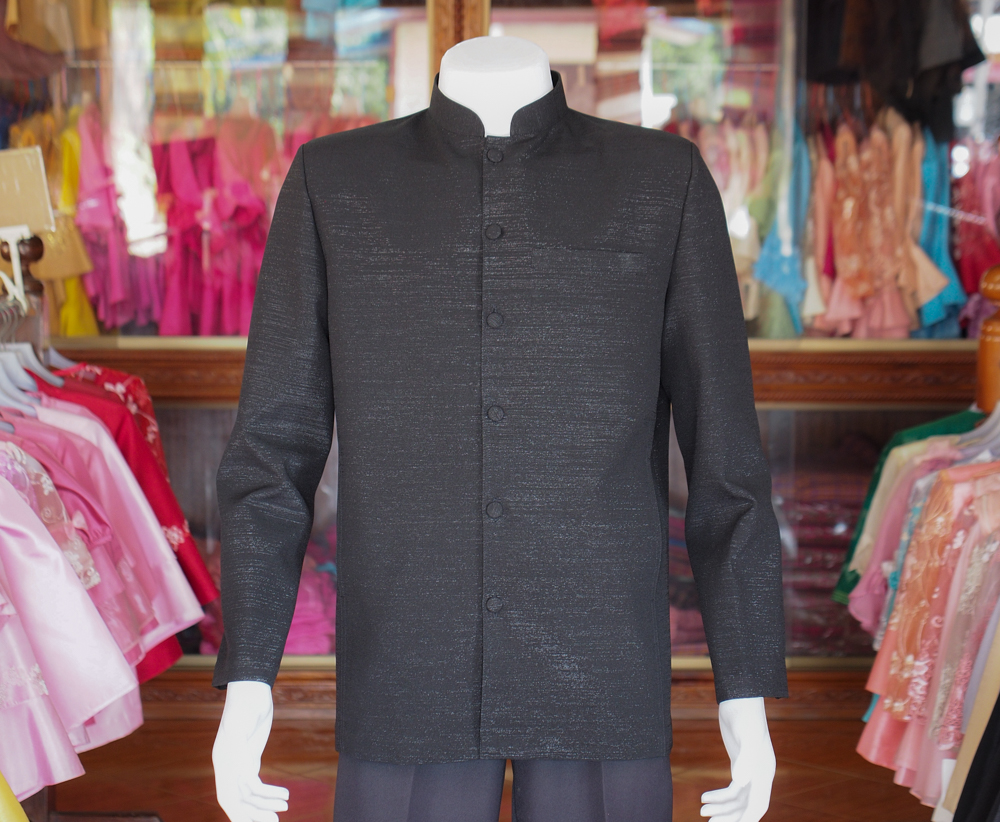 เสื้อผ้าฝ้ายแพรเงิน คอพระราชทานแขนยาว สีดำ ไซส์ 3XL